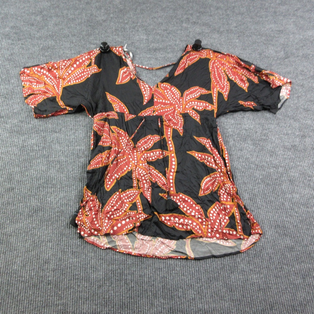 Maaji Tunic Blouse Womens M Black Floral V-Neck Rayon Zip Kimono Sleeve NWT